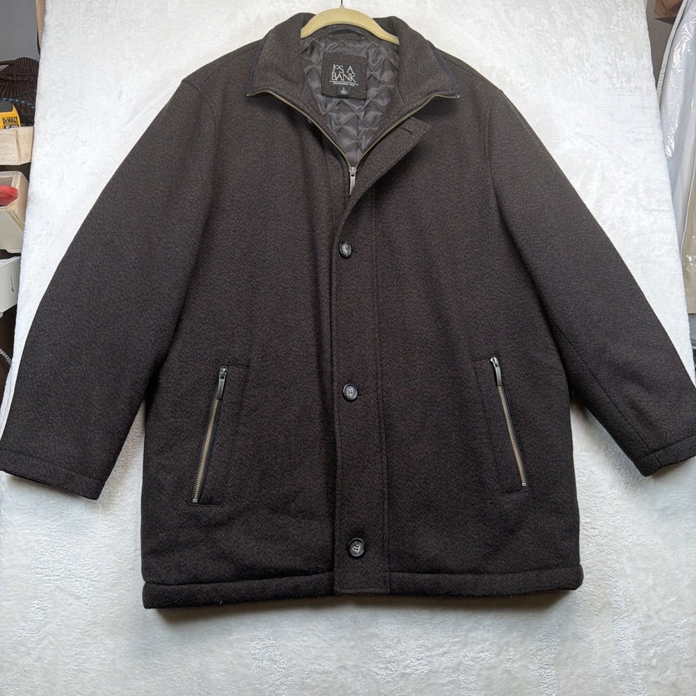 Jos A Bank Men's Brown Wool Blend Car Coat Quilted Lined Jacket Large